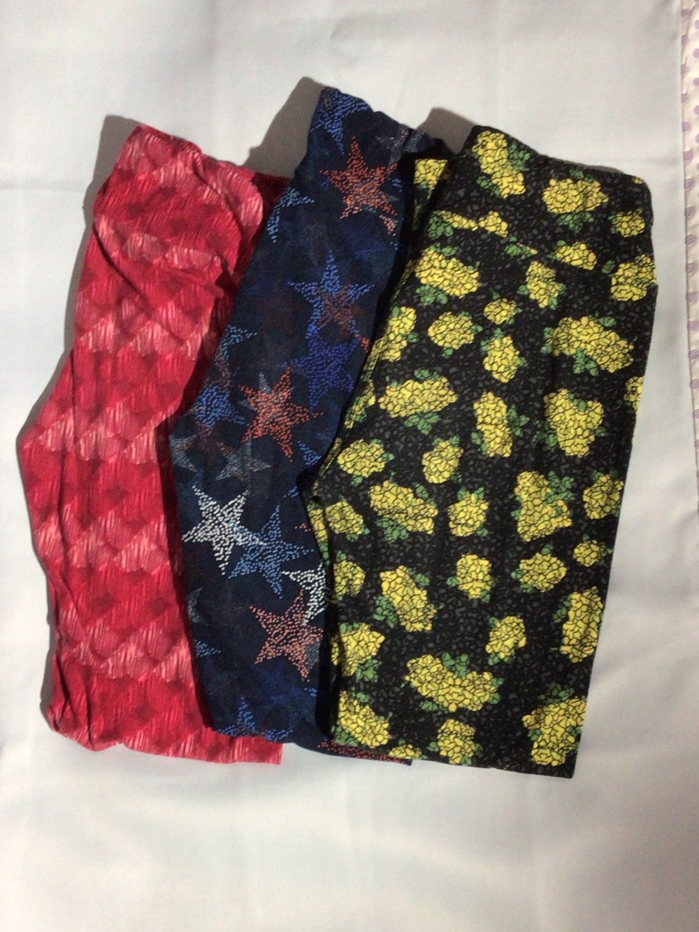 LuLaRoe Red, Blue, Yellow & Black Patterned Leggings Trio